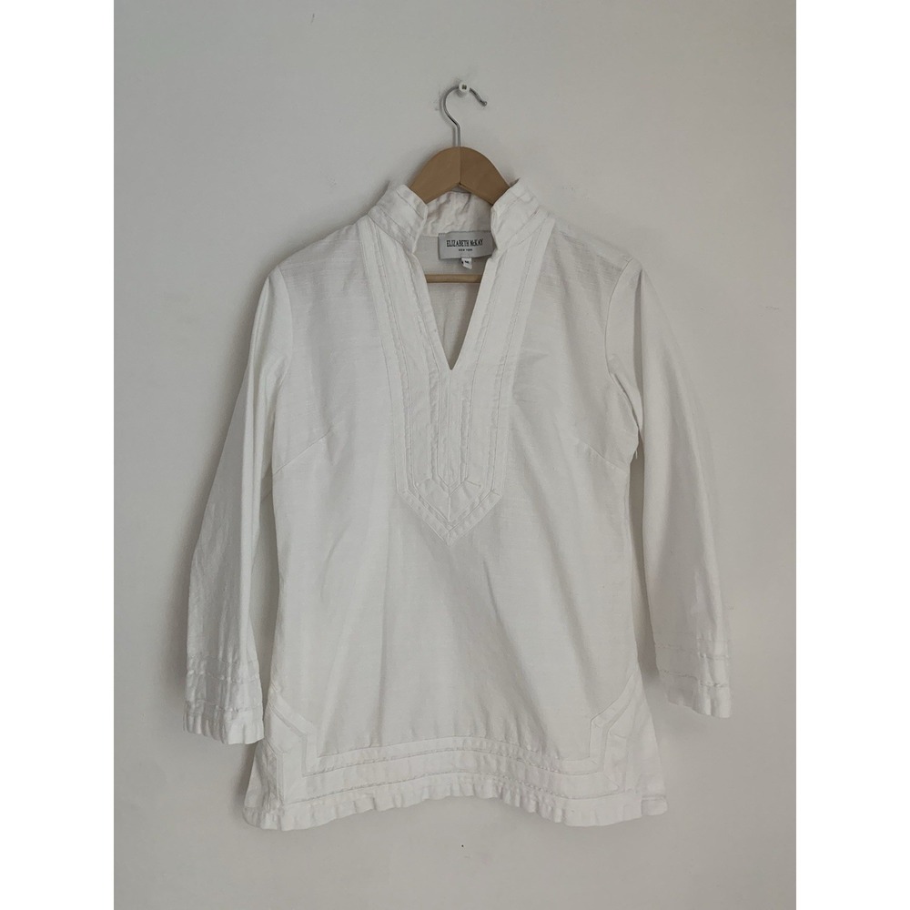 Elizabeth McKay Tunic Top Coverup White Sz M 100% Linen Side Zip Long Sleeve